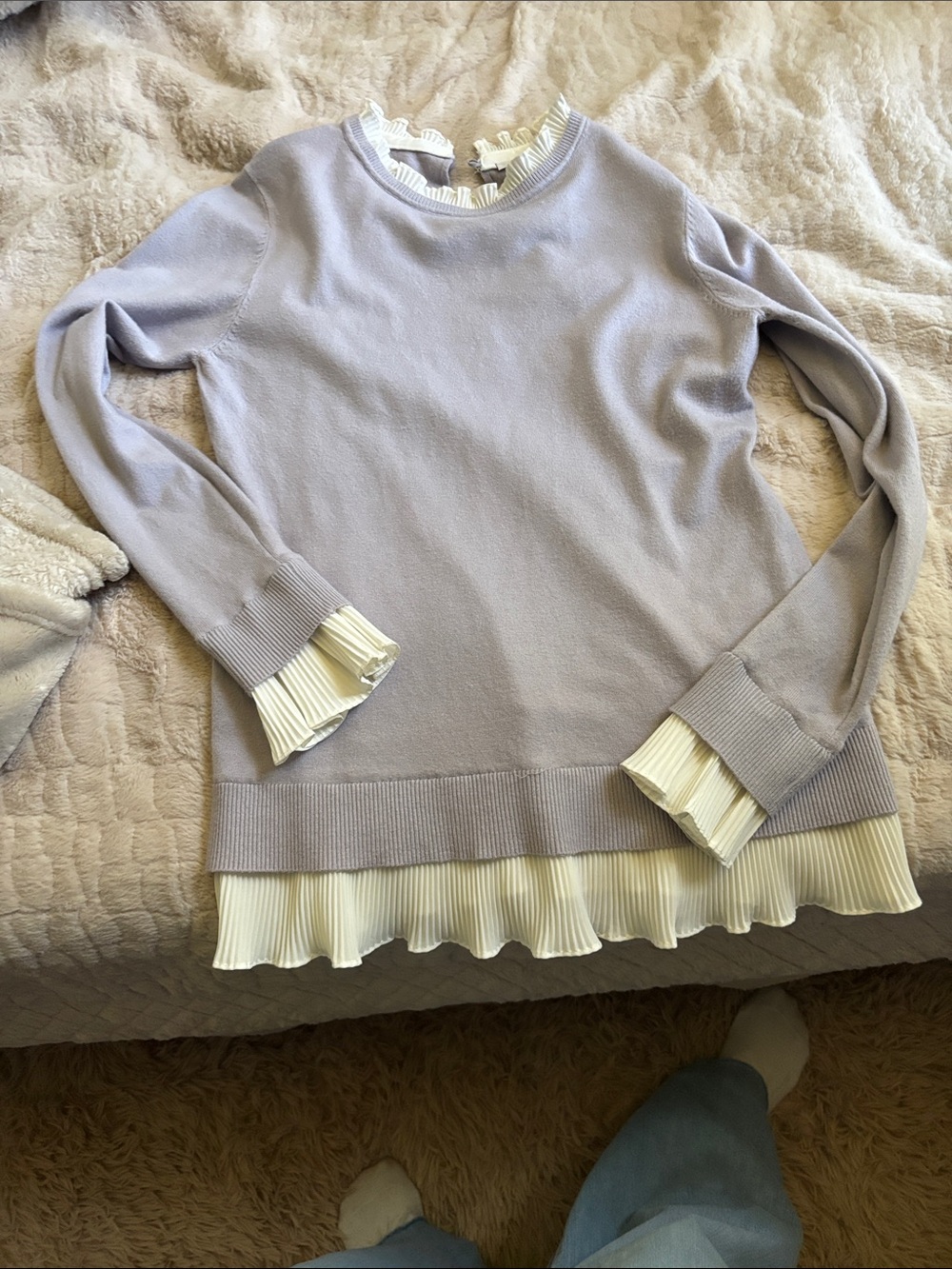 Women’s Lilac Layered-Ruffle Pullover with Cream Pleated Trim